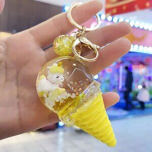 New Yellow Liquid Keychain Fidget Toy Bag Charm Unicorn Ice Cream Cone Kawaii